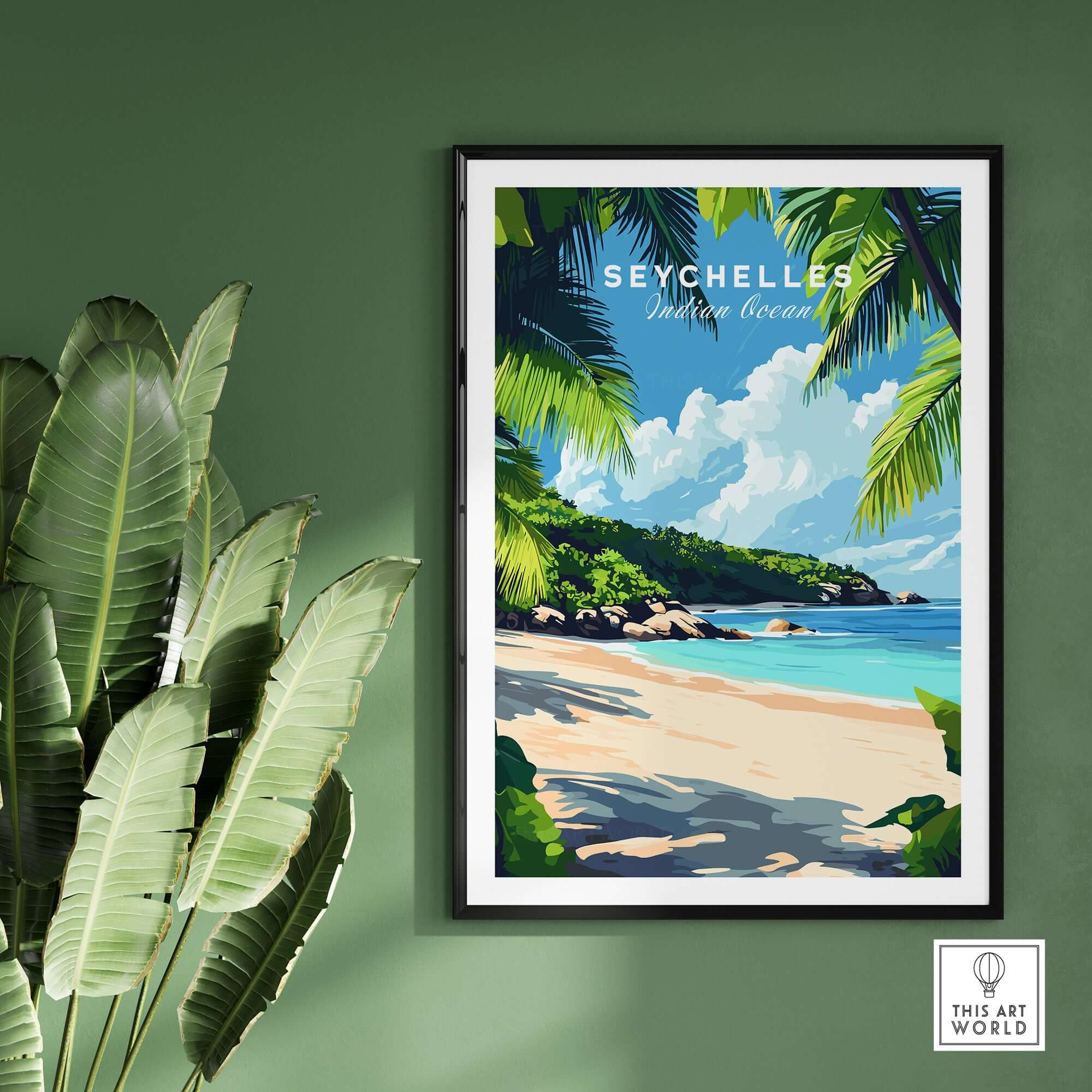 Seychelles Beach Print: Elegant Island Escape showcasing a tropical beach scene with palm trees and ocean.