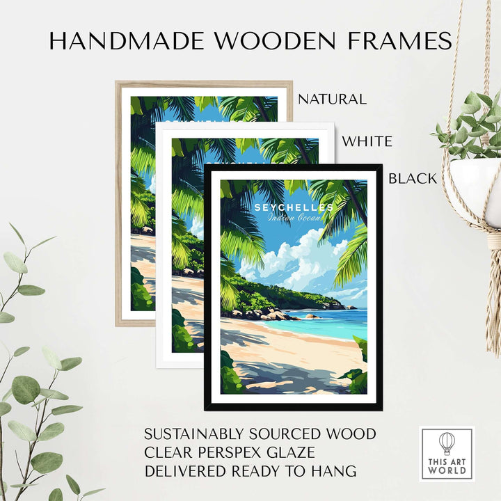 Handmade wooden frames in natural, white, and black, showcasing Seychelles beach print for elegant home decor.