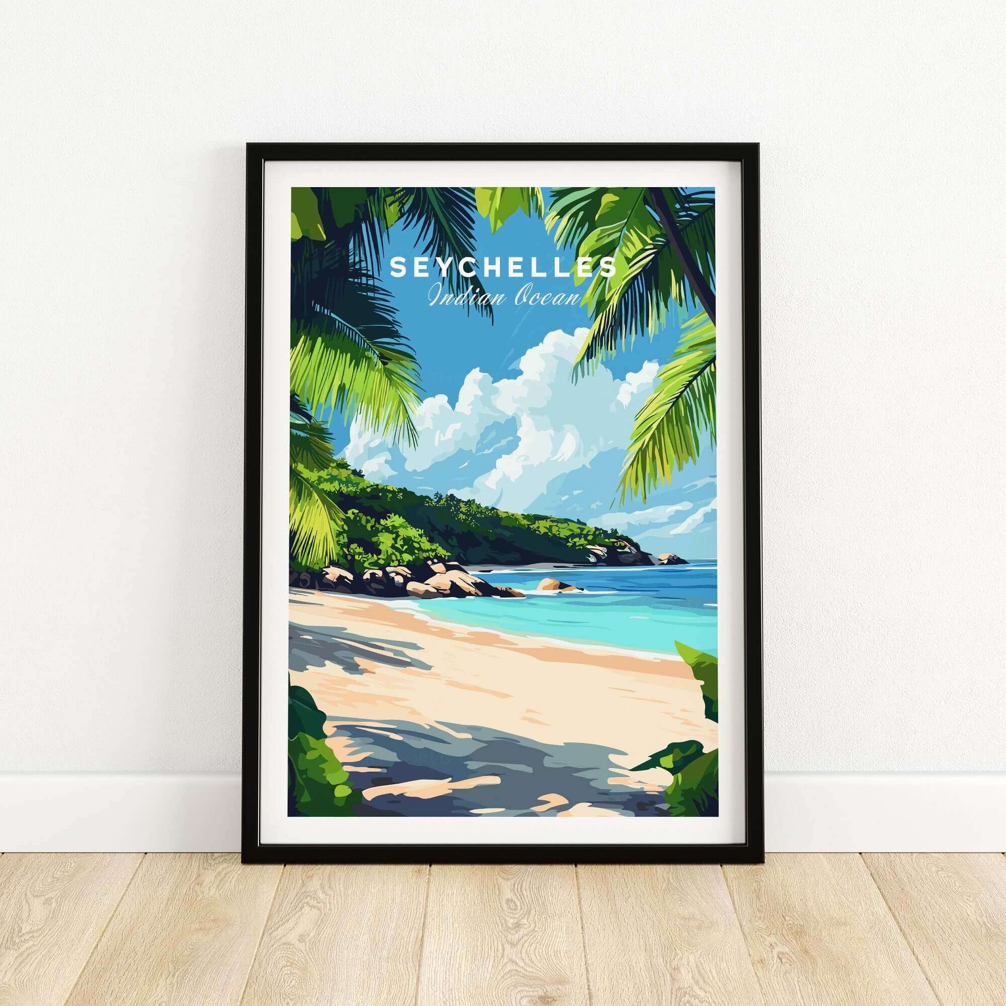 Seychelles Beach Print: Elegant Island Escape showcasing a tropical beach scene with palm trees and ocean.