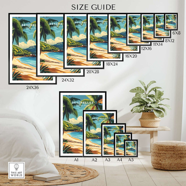 Size guide for Seychelles Serenity beach print decor showcasing various frame sizes against a stylish interior backdrop.