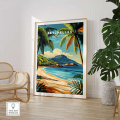 Seychelles Serenity: Stunning Beach Print Decor showcasing tropical beach scene with palm trees and mountains.
