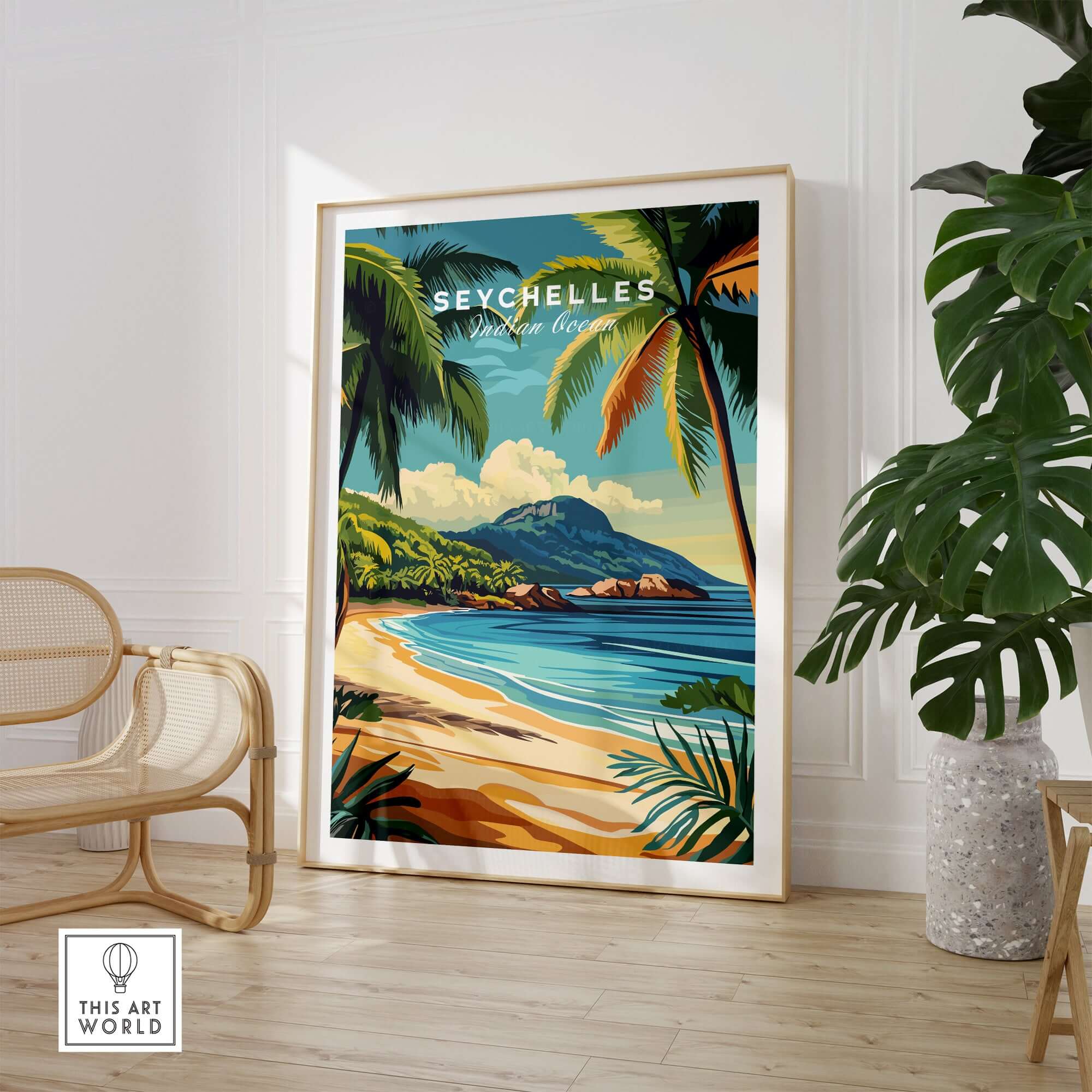 Seychelles Serenity: Stunning Beach Print Decor showcasing tropical beach scene with palm trees and mountains.