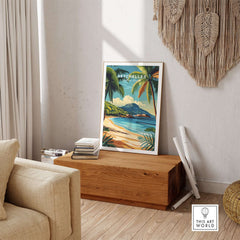 Seychelles Serenity: Stunning Beach Print Decor featuring vibrant tropical landscape on display in a cozy living room.