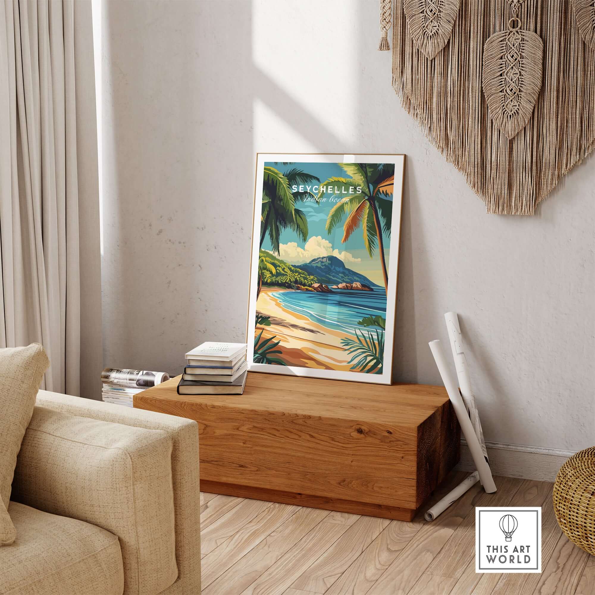 Seychelles Serenity: Stunning Beach Print Decor featuring vibrant tropical landscape on display in a cozy living room.