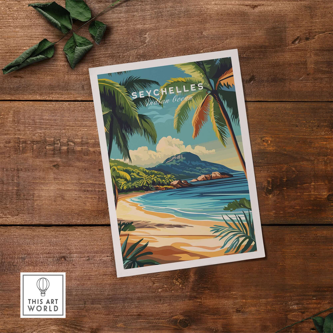 Seychelles beach print decor featuring tropical scenery and vibrant colors on wooden backdrop.