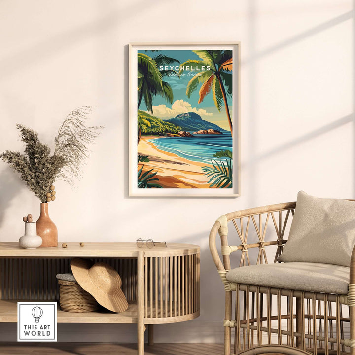 Seychelles beach print decor displayed in a modern room with rattan chair and natural elements.