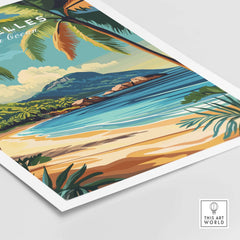 Seychelles Serenity: Stunning Beach Print Decor showcasing a vibrant beach scene with palm trees and ocean waves.