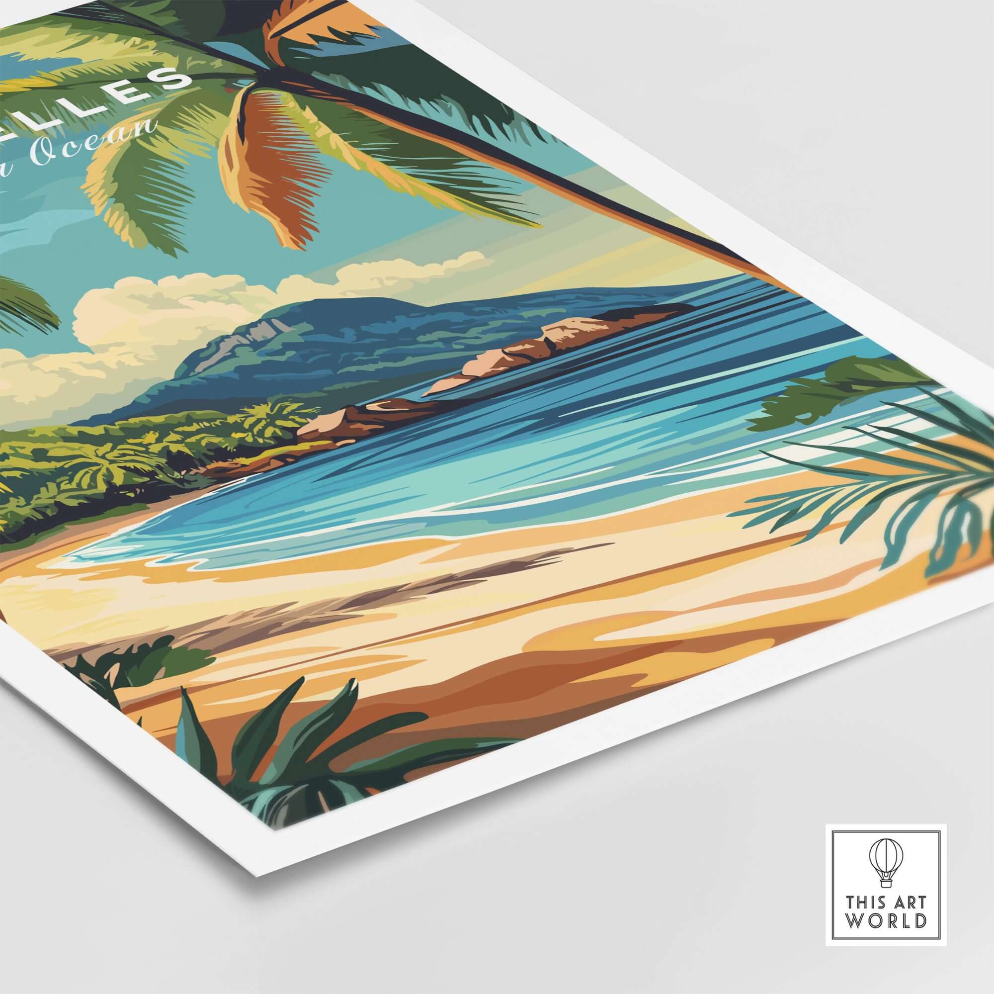 Seychelles Serenity: Stunning Beach Print Decor showcasing a vibrant beach scene with palm trees and ocean waves.