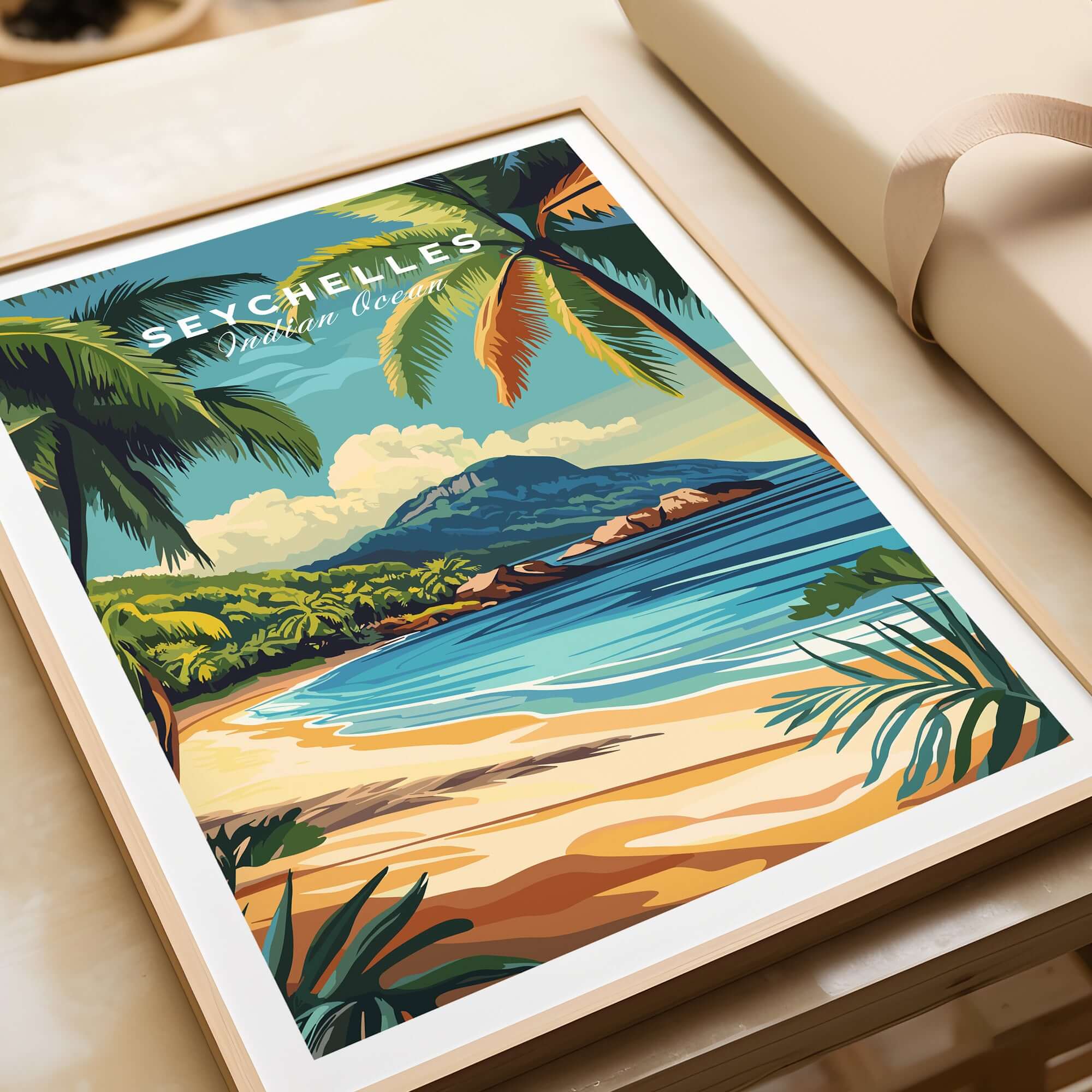 Seychelles Serenity: Stunning Beach Print Decor showcasing a tropical beach scene with palm trees and clear water.