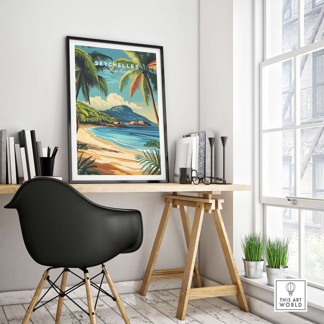 Seychelles beach print decor in a stylish workspace, featuring tropical scenery and modern furnishings.