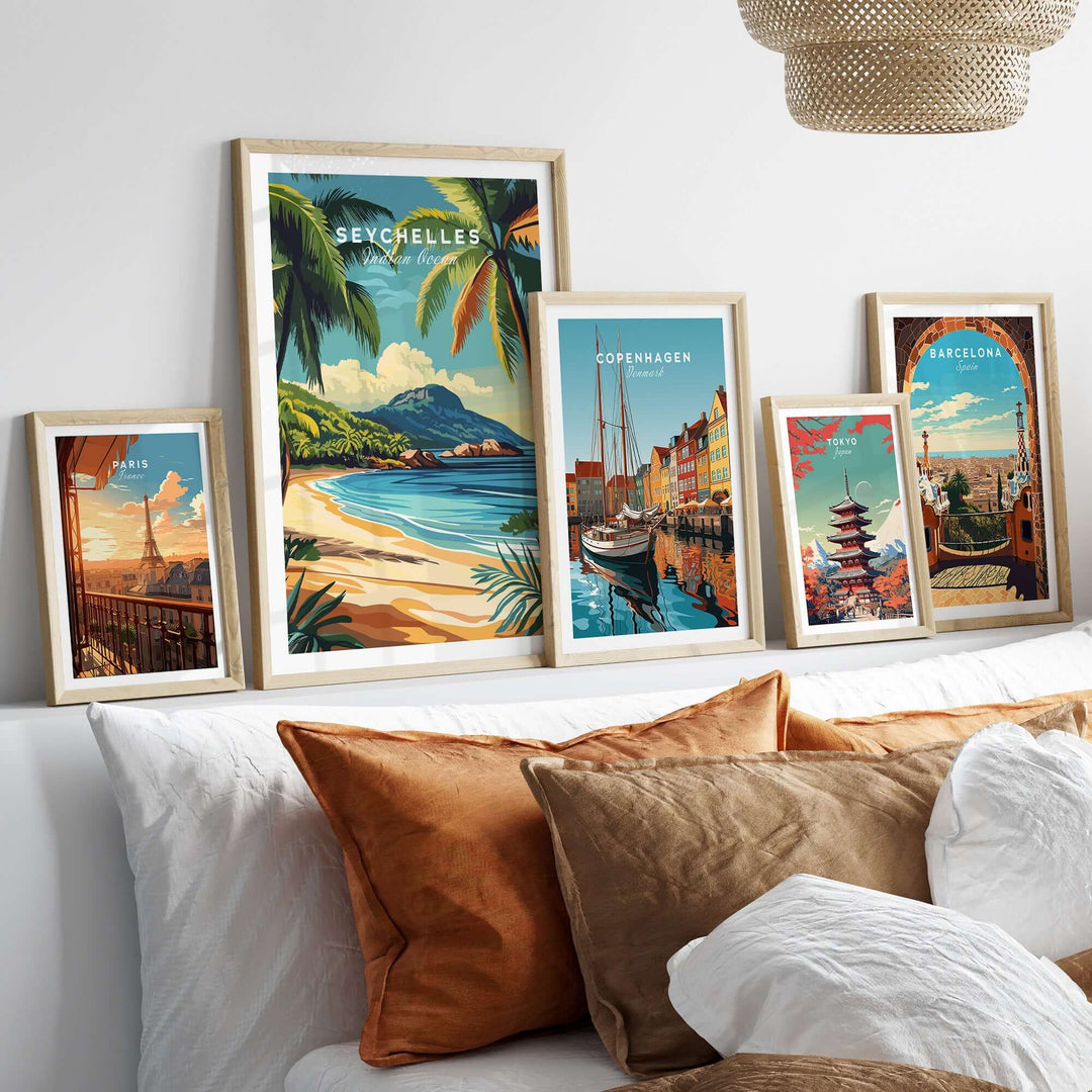 Seychelles Serenity beach print decor displayed on a modern home decor shelf with vibrant travel posters.