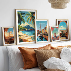 Seychelles Serenity: Stunning Beach Print Decor displayed in elegant frames on a stylish couch.