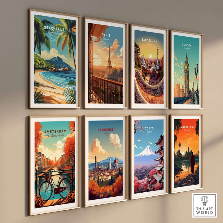 Colorful travel posters featuring iconic cities like Seychelles, Paris, Barcelona, and more for stylish home decor.