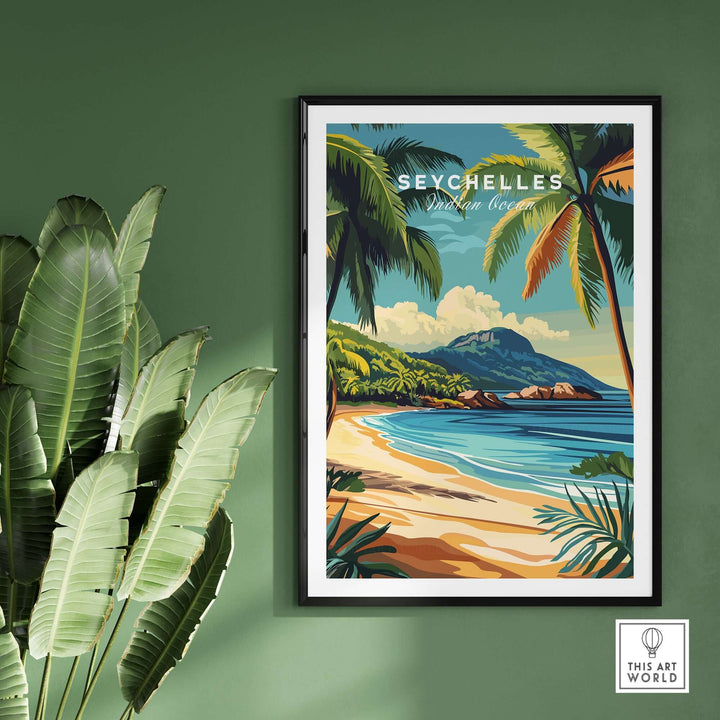 Seychelles beach print decor featuring palm trees and turquoise waters, enhancing tropical home aesthetics.