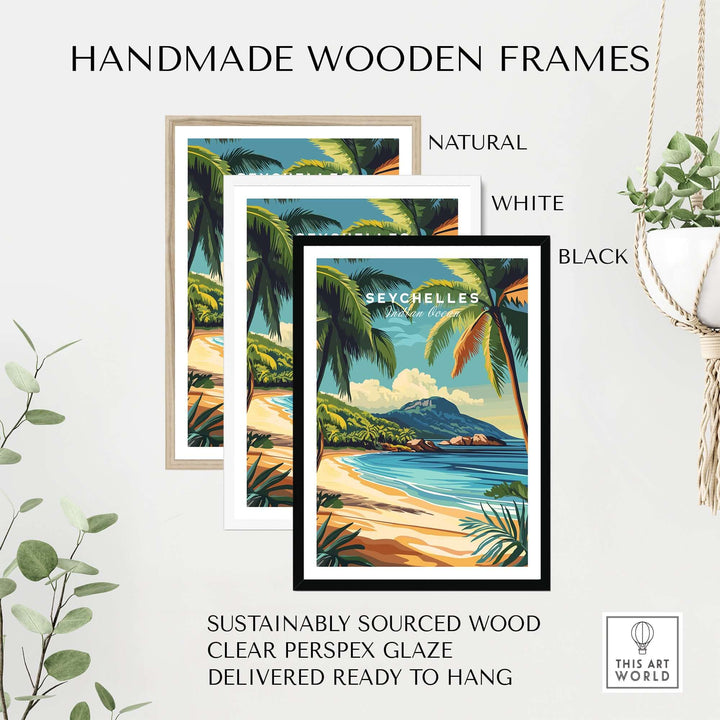 Handmade wooden frames in natural, white, and black styles, featuring Seychelles beach art, sustainably sourced wood.