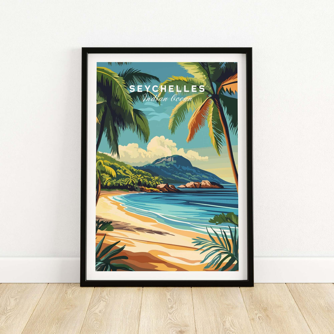 Seychelles Serenity beach print decor featuring palm trees and serene ocean view.