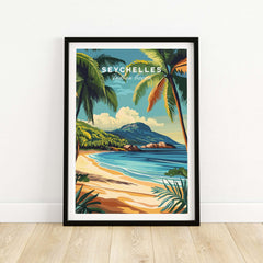 Seychelles Serenity: Stunning Beach Print Decor featuring tropical landscape and serene beach scene.