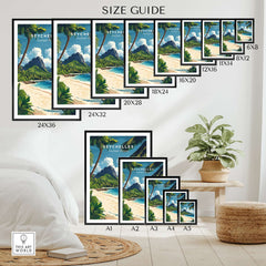 Seychelles Travel Poster - Beach Scene size guide with various frame sizes and tropical beach design.