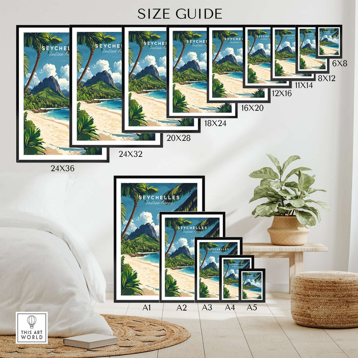 Size guide for Seychelles travel poster showcasing various frame sizes and tropical beach scene.