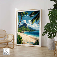 Seychelles Travel Poster - Beach Scene showcasing turquoise waters, palm trees, and sandy beaches in a stylish interior.