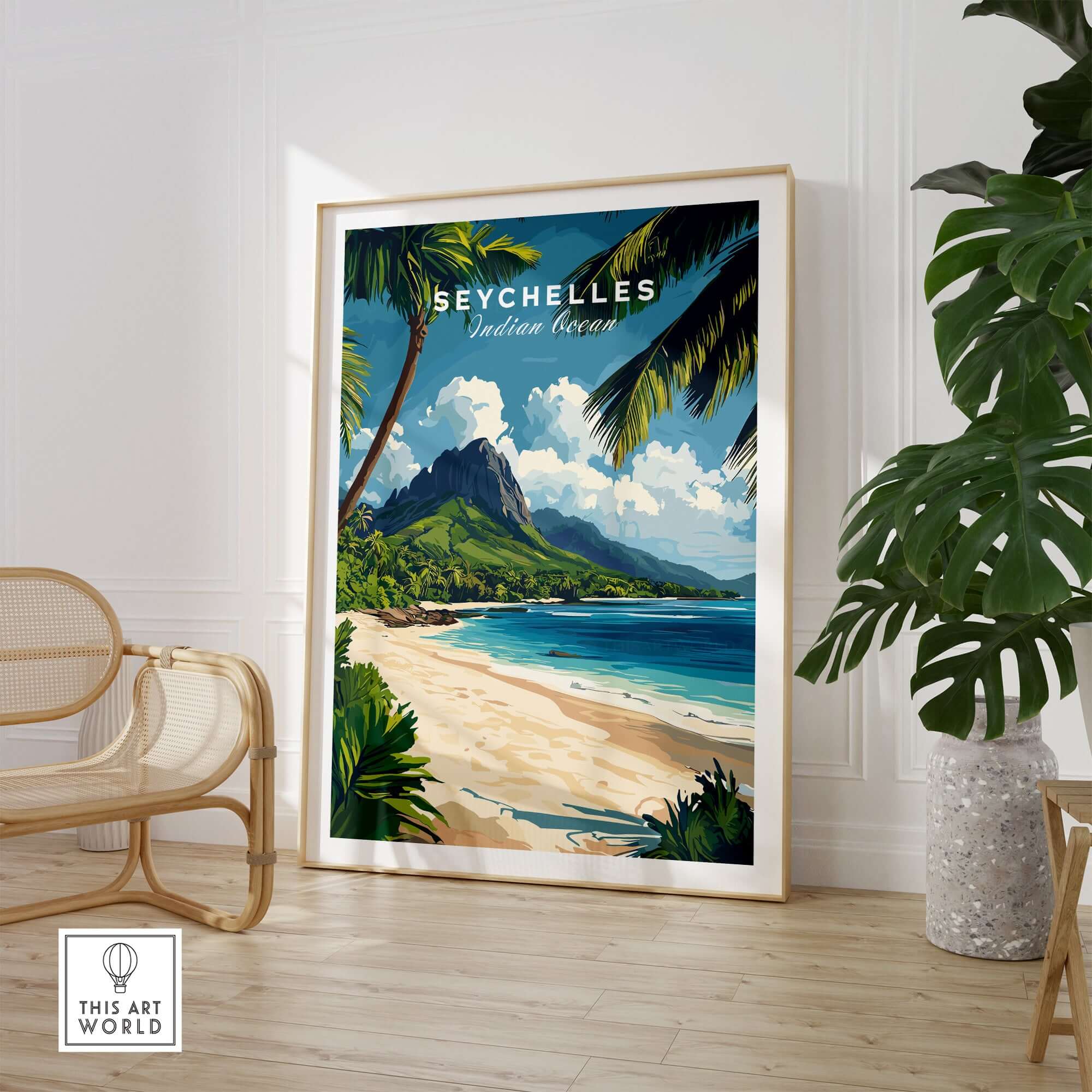 Seychelles Travel Poster - Beach Scene showcasing turquoise waters, palm trees, and sandy beaches in a stylish interior.