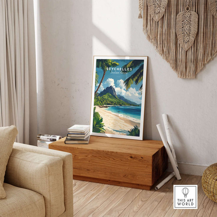 Seychelles travel poster featuring a beach scene with turquoise waters, white sand, and green palm trees in a stylish interior.