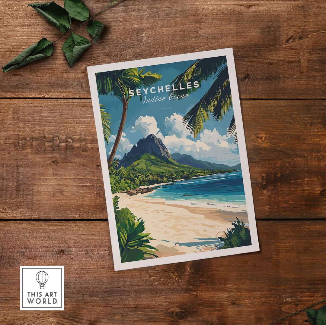 Seychelles travel poster featuring a beach scene with turquoise waters, palm trees, and lush mountains.