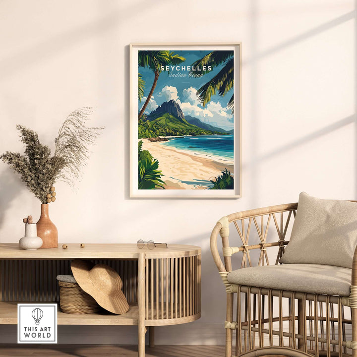 Seychelles travel poster featuring a tropical beach scene with turquoise waters and lush greenery.