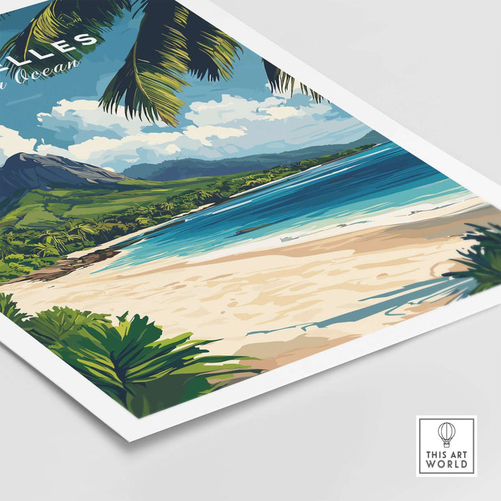 Seychelles Travel Poster featuring a beach scene with turquoise waters, white sands, and palm trees in a tropical paradise.