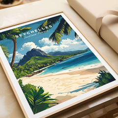 Seychelles Travel Poster - Beach Scene showcasing a tropical beach with palm trees and turquoise ocean.