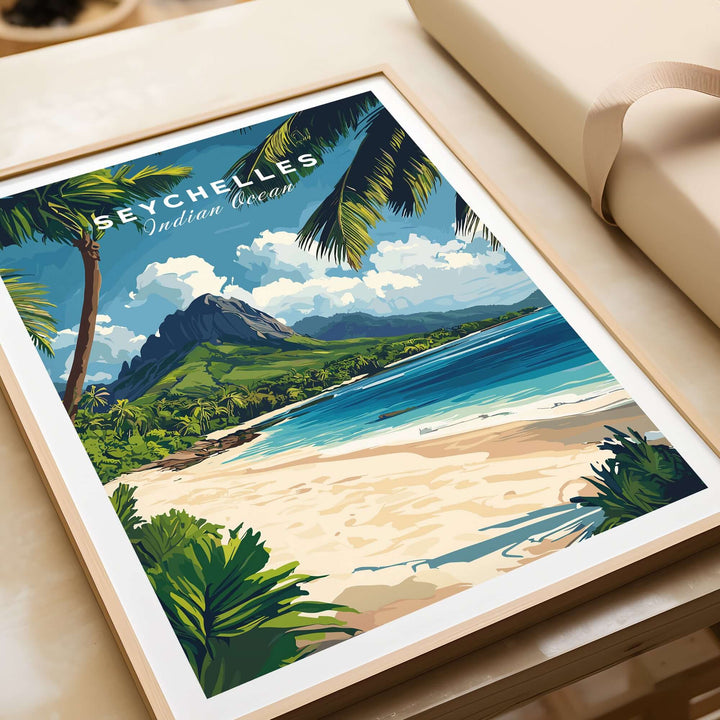 Seychelles travel poster featuring tropical beach scene with turquoise waters, palm trees, and mountainous backdrop.