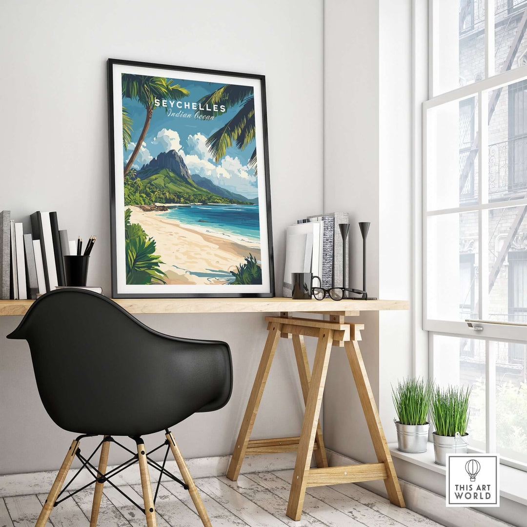 Seychelles travel poster showcasing a beach scene with turquoise waters and palm trees, perfect for home decor.