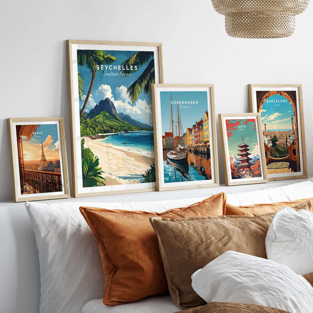 Seychelles travel poster featuring a beach scene with palm trees and turquoise water, displayed among other travel posters.