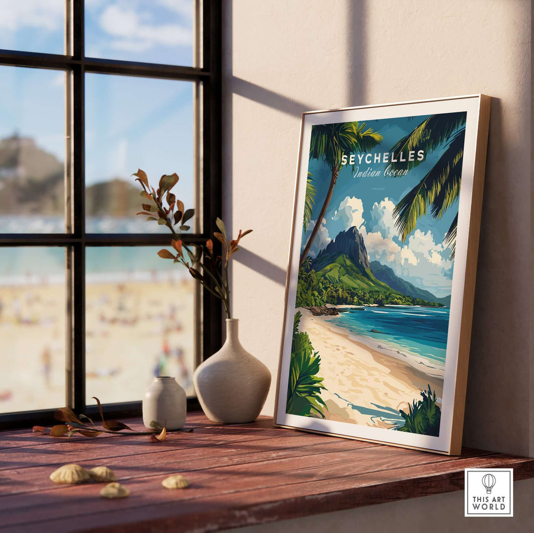 Seychelles travel poster featuring a beach scene with turquoise waters and palm trees, framed by a window.