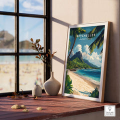 Seychelles Travel Poster - Beach Scene showcasing turquoise waters, palm trees, and a beautiful coastal view.