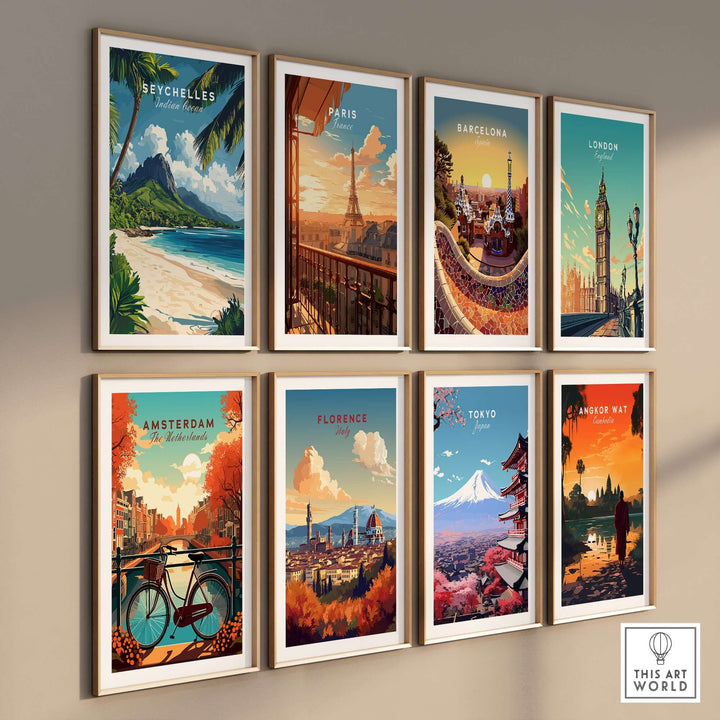 Gallery wall of travel posters featuring Seychelles, Paris, Barcelona, London, Amsterdam, Florence, Tokyo, and Angkor Wat.