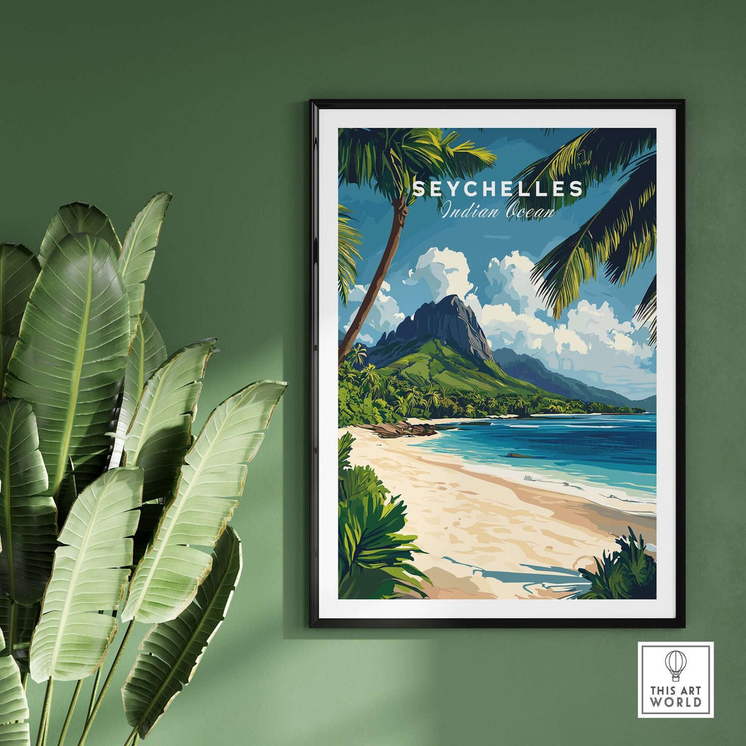 Seychelles travel poster featuring a beach scene with turquoise waters, palm trees, and lush mountain backdrop.