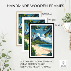 Seychelles Travel Poster - Beach Scene displayed in handmade wooden frames in natural, white, and black colors.
