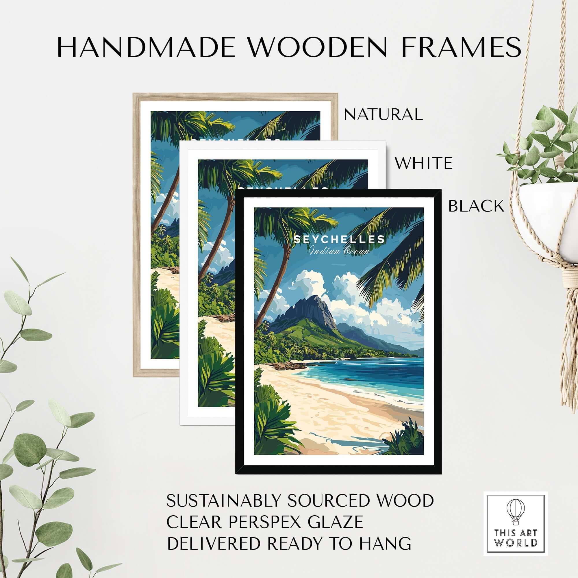 Seychelles Travel Poster - Beach Scene displayed in handmade wooden frames in natural, white, and black colors.