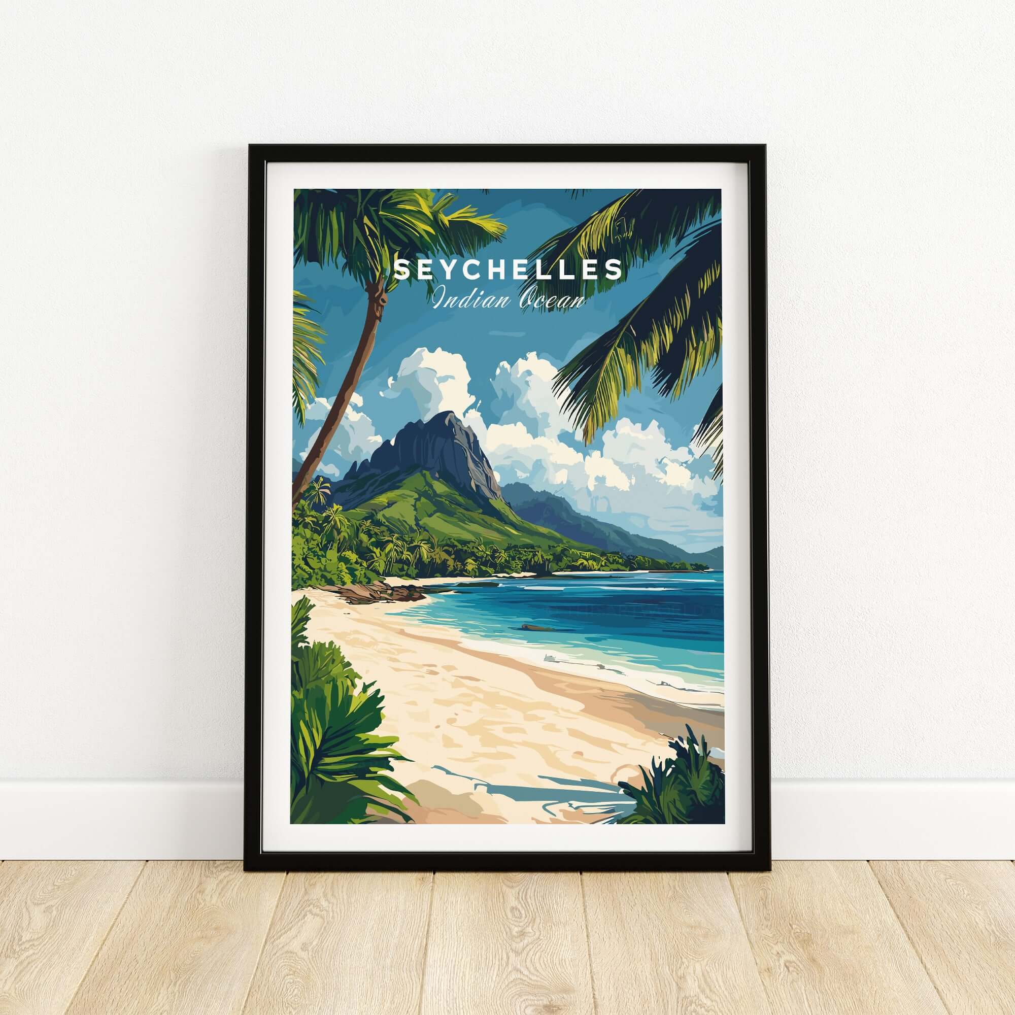 Seychelles Travel Poster - Beach Scene featuring lush palm trees and turquoise waters.