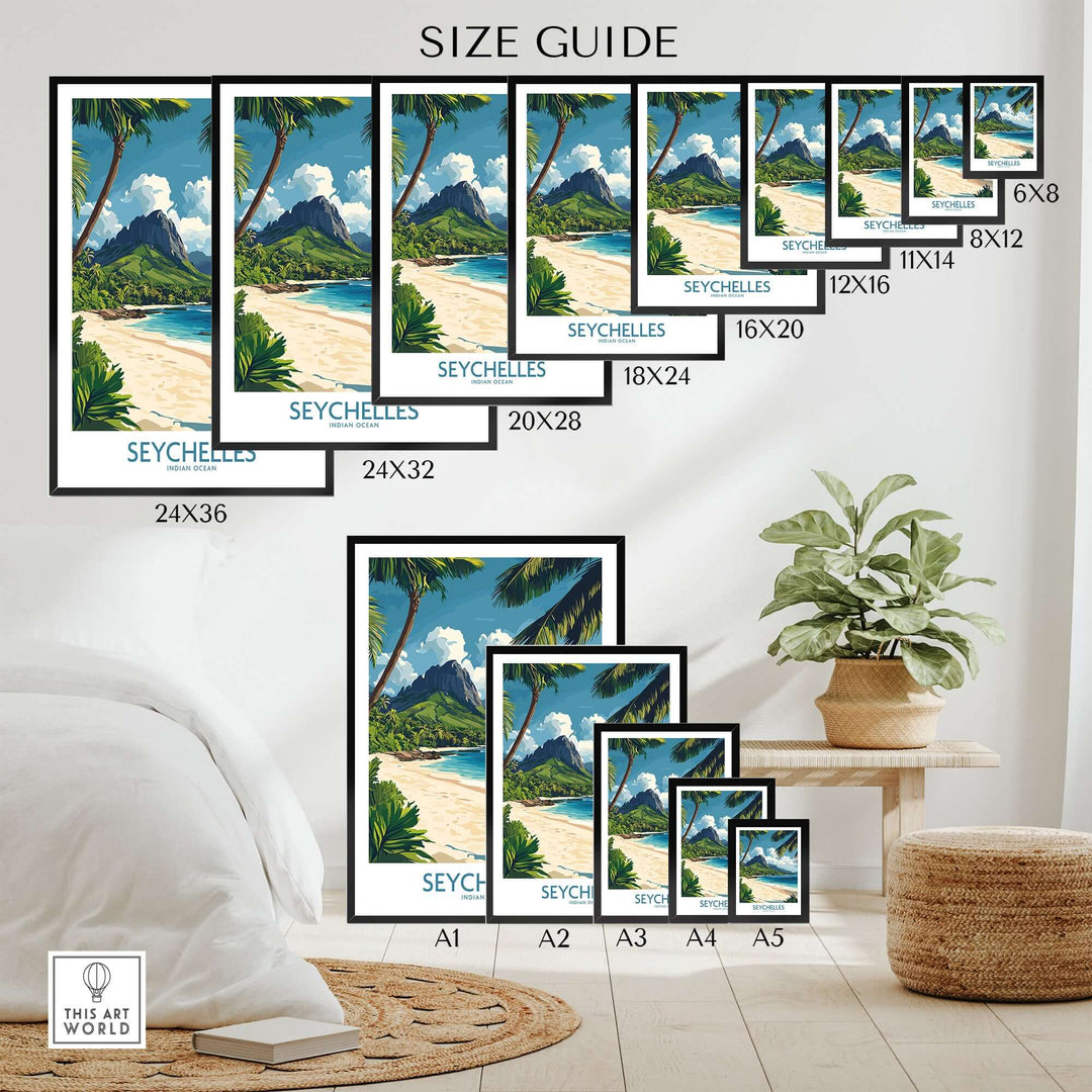 Size guide for Seychelles wall art print showcasing various frame sizes and vibrant island artwork.