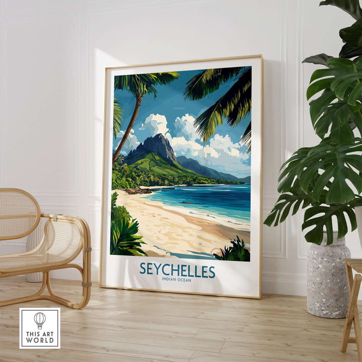 Seychelles wall art print showcasing vibrant beach scene and lush palm trees, perfect travel gift for art lovers.