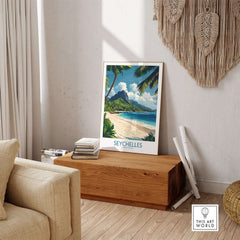 Seychelles Wall Art Print - Travel Gift displayed in a cozy living room setting, showcasing vibrant island scenery.