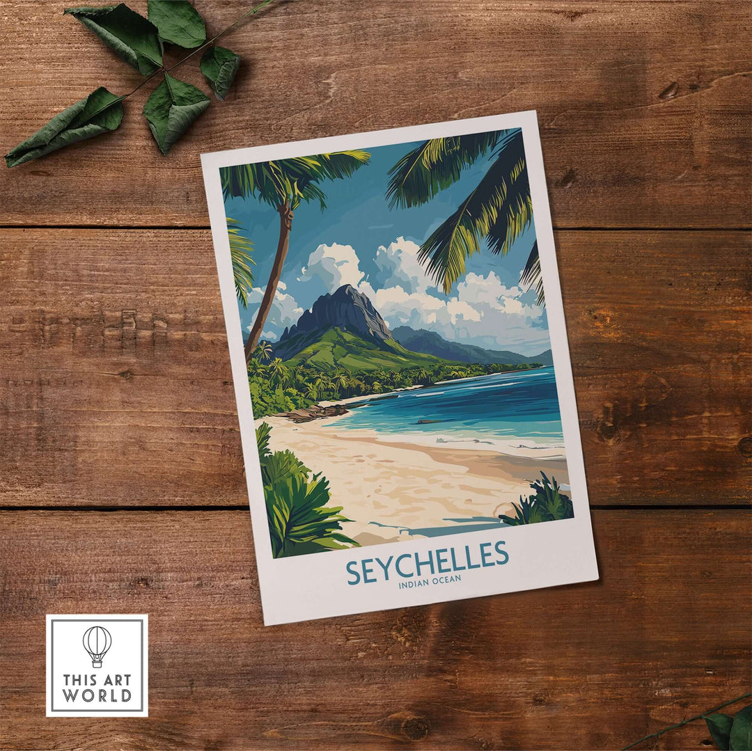 Seychelles wall art print showcasing vibrant beach scenery and tropical mountains, perfect for travel lovers.