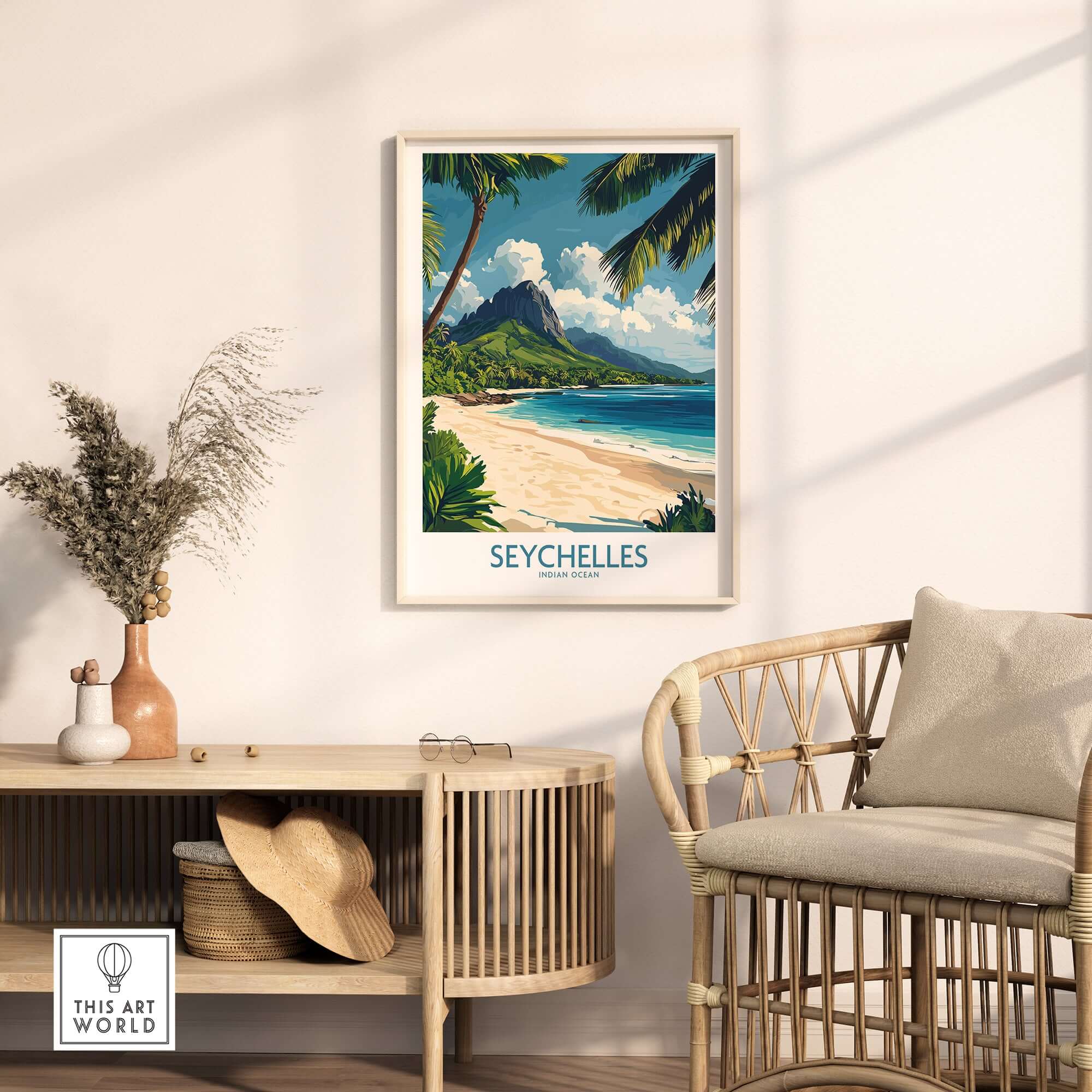 Seychelles Wall Art Print - Travel Gift featuring a vibrant beach scene in a stylish interior.
