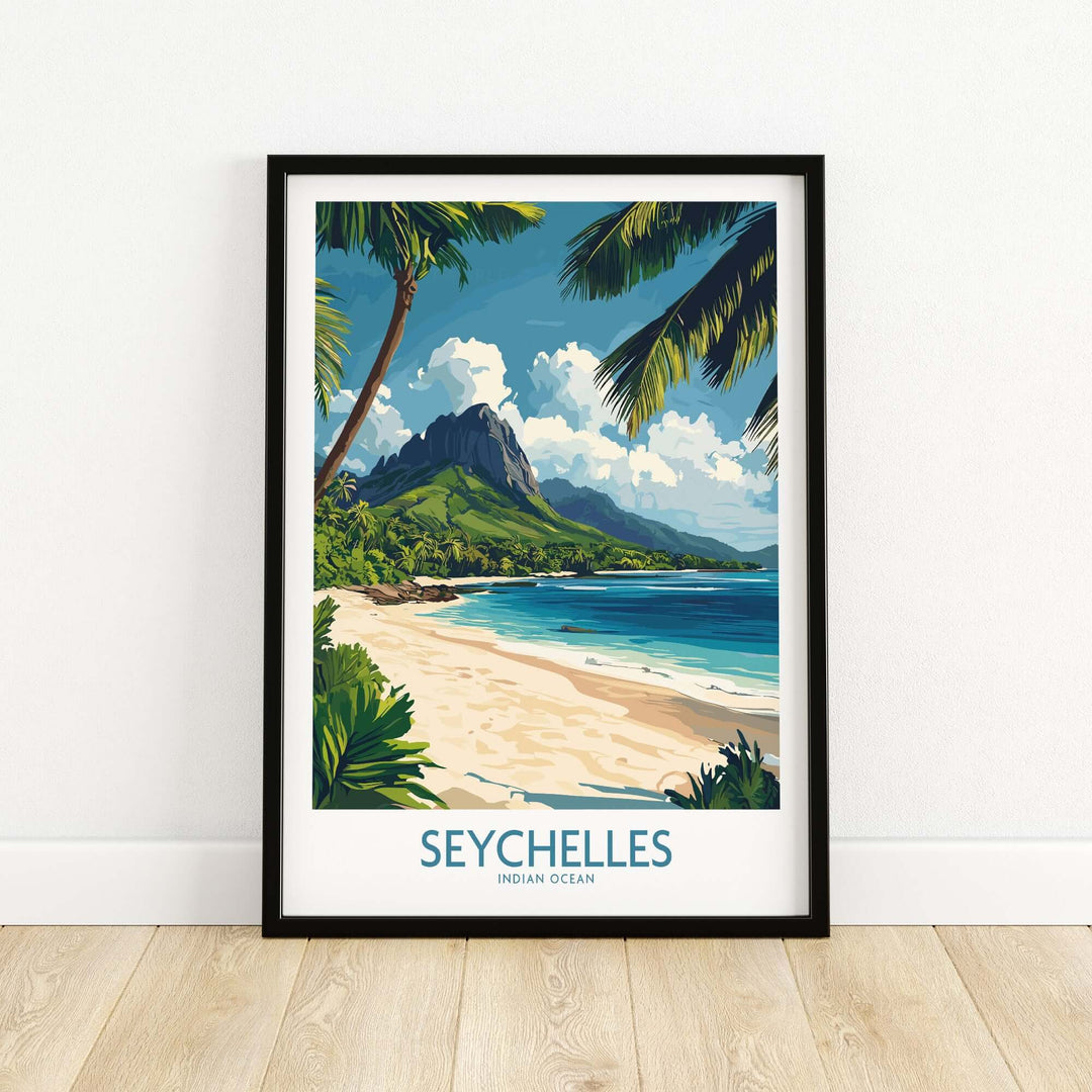 Seychelles wall art print featuring a vibrant beach scene and mountains in the Indian Ocean.