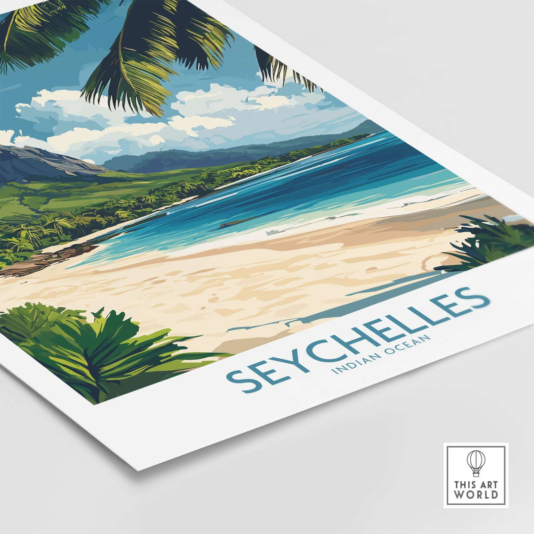 Seychelles wall art print showcasing vibrant beach scene and palm trees, perfect travel gift for art lovers.