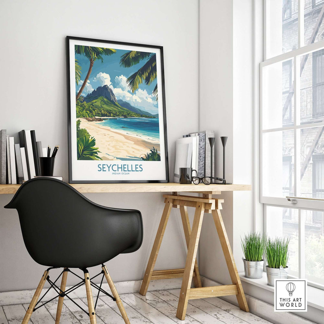 Seychelles wall art print displayed in a stylish workspace, enhancing travel-themed decor.