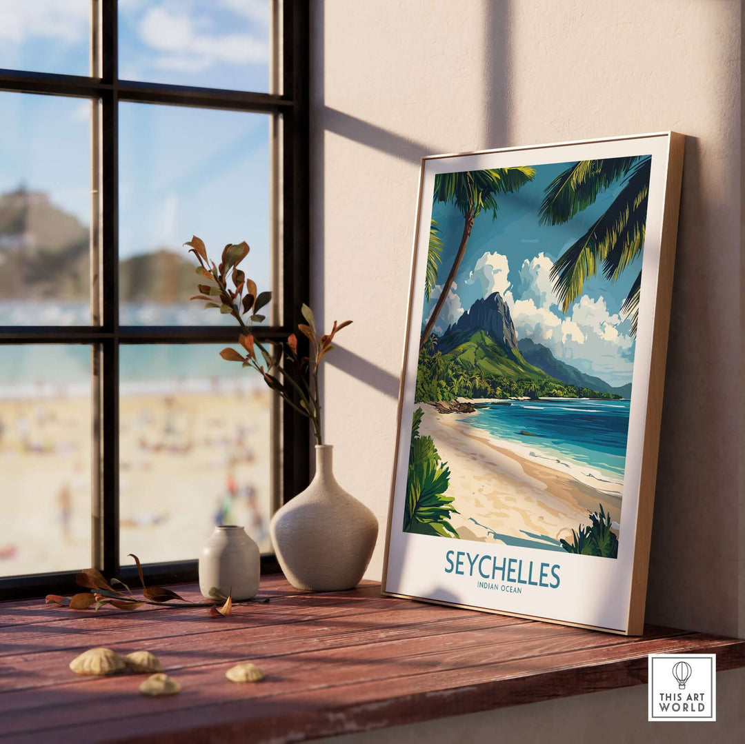 Seychelles wall art print displayed indoors, showcasing vibrant beach scenery and tropical elements.