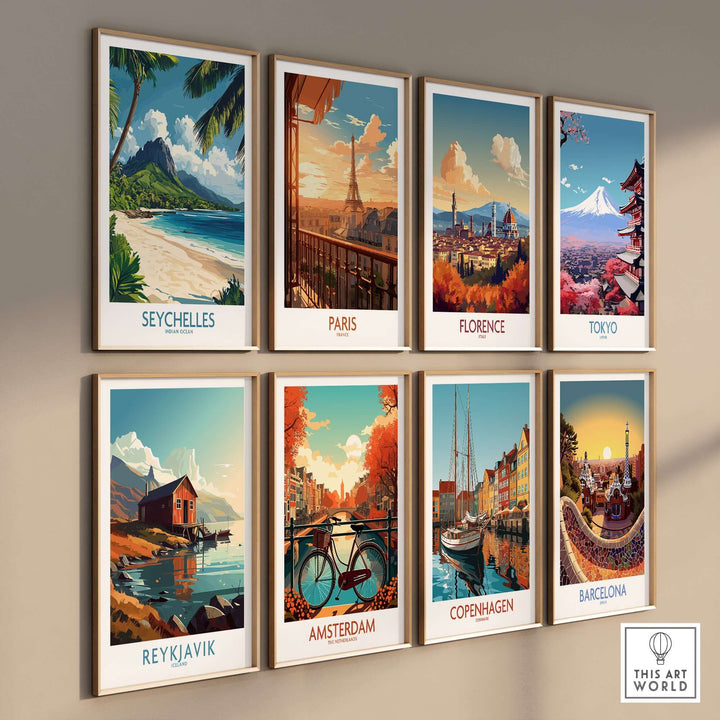 Seychelles wall art print featuring vibrant colors and travel scenes from Paris, Florence, Tokyo, Reykjavik, Amsterdam, Copenhagen, and Barcelona.